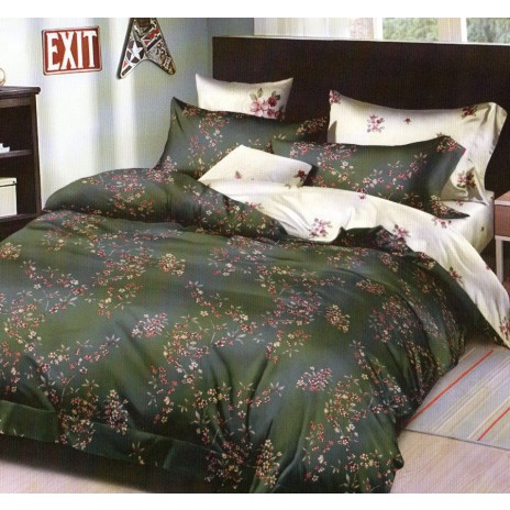 Lenjerie de pat cu flori pe fundal verde închis, ofertă lenjerii de pat 1+1 gratis