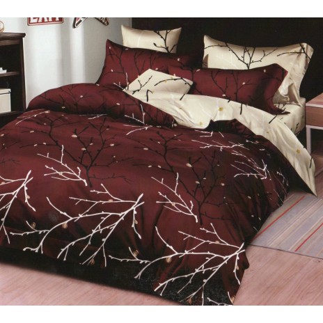 Lenjerie de pat cu crengi pe fundal bordo, ofertă lenjerii de pat 1+1 gratis