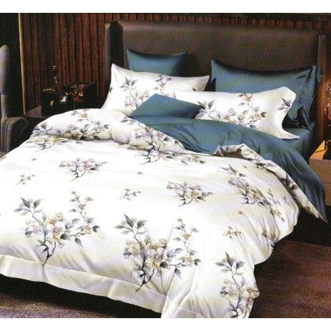 Lenjerie de pat dublu cu crenguțe și flori delicate pe fundal alb, set 4 piese, lenjerii de pat 1+1 gratis