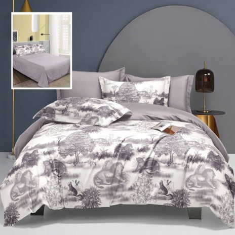 Lenjerie de pat dublu cu animale gri pe fundal alb, set 6 piese, lenjerii de pat 1+1 gratis