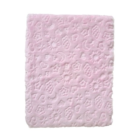 Pătură roz pentru bebeluși din microfibră, cu modele de stele, nori și luni, moale și confortabilă.