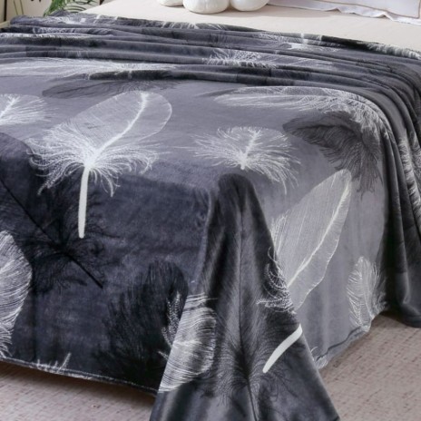 Patura cocolino negru-gri cu imprimeu alb de pene 200x230 cm