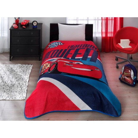 Pătură de lux Disney Cars Drive, imprimeu roșu albastru alb cu Lightning McQueen, 160x220 cm, poliester.