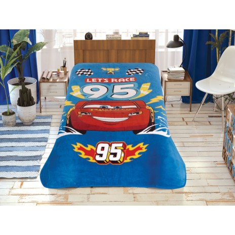 Pătură de lux Disney Cars, 160x220cm, albastru, model cu Lightning McQueen și textul Lets Race 95