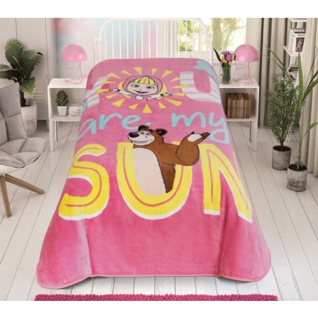 Pătură de lux Disney Masha și Ursul, 160x220cm, roz, model cu mesaj You are my Sun