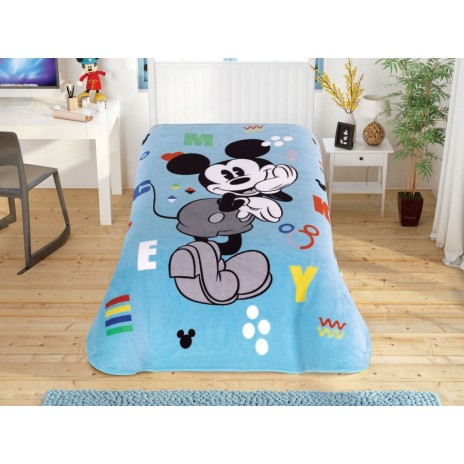 Pătură de lux Disney Mickey Mouse, 160x220cm, albastru, model cu elemente colorate și litere