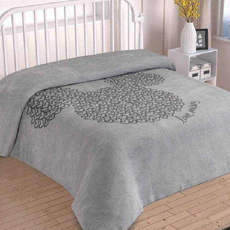 Pătură de lux Disney pentru pat dublu cu Mickey Mouse, în culoare gri, din poliester 100%, dimensiune 200x220 cm, cu desene detaliate și text Love, Mickey.