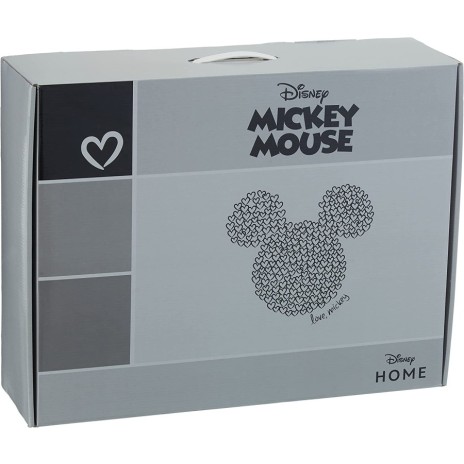 Pătură de lux Disney pentru pat dublu cu Mickey Mouse, în culoare gri, din poliester 100%, dimensiune 200x220 cm, cu desene detaliate și text Love, Mickey.