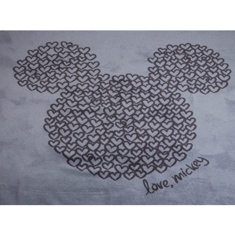 Pătură de lux Disney pentru pat dublu cu Mickey Mouse, în culoare gri, din poliester 100%, dimensiune 200x220 cm, cu desene detaliate și text Love, Mickey.