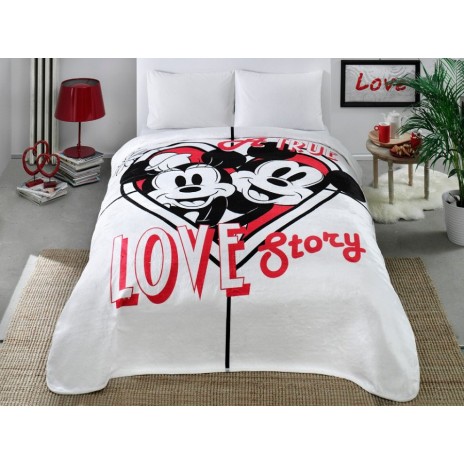Pătură de lux Disney Minnie și Mickey True Love Story, imprimeu alb negru roșu, 220x240 cm, poliester.