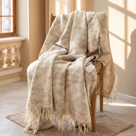 patura Ravin Bej First Choice Daily 200x220 cm din bumbac si acril cu model bej crem si franjuri decorative