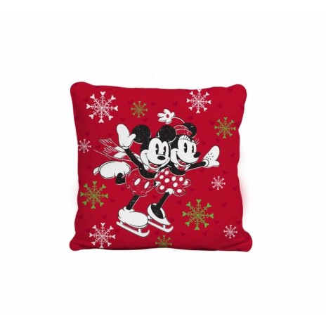 Pernuță decorativă Disney de sărbători, față roșie cu Mickey și Minnie Mouse pe patine, față verde cu text Tis the Season for Holiday Cheer, 40x40 cm, bumbac