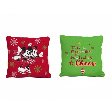 Pernuță decorativă Disney de sărbători, față roșie cu Mickey și Minnie Mouse pe patine, față verde cu text Tis the Season for Holiday Cheer, 40x40 cm, bumbac