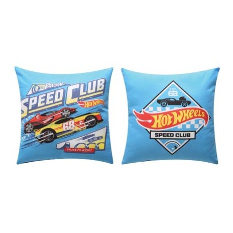 Pernuță decorativă Disney Hot Wheels, dimensiune 40x40 cm, bumbac 100%, imprimeu albastru roșu galben, dinamism în camera copiilor.