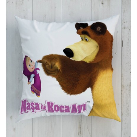 Pernuță decorativă Disney pentru copii cu Masha și Ursul, în culori galben, maro și roz, dimensiune 40x40 cm, cu desene animate detaliate și motive florale.
