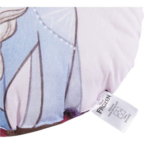 Pernuță decorativă rotundă Disney pentru copii cu Elsa din filmul Frozen, în culori albastru deschis, alb și roz, diametru 40 cm, cu desene animate detaliate.