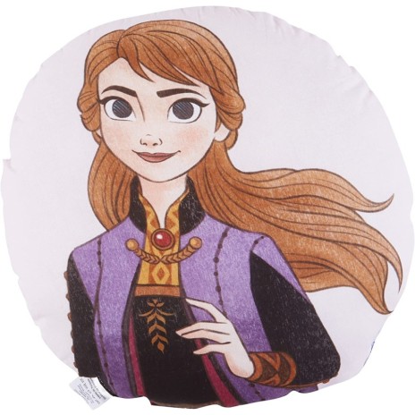 Pernuță decorativă rotundă Disney pentru copii cu Elsa din filmul Frozen, în culori albastru deschis, alb și roz, diametru 40 cm, cu desene animate detaliate.