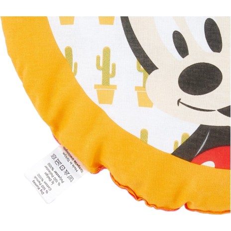 Pernuță decorativă rotundă Disney pentru copii cu Minnie Mouse, în culori roz, negru și alb, diametru 40 cm, cu desene animate detaliate și fundal cu buline.
