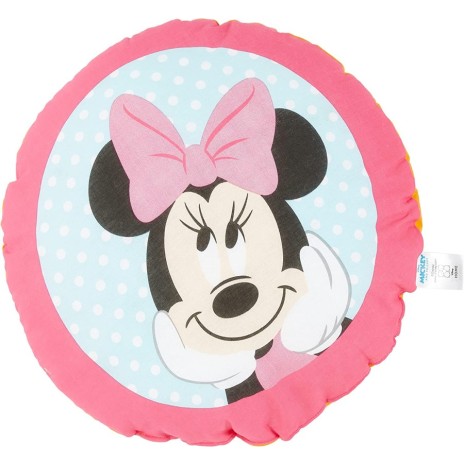 Pernuță decorativă rotundă Disney pentru copii cu Minnie Mouse, în culori roz, negru și alb, diametru 40 cm, cu desene animate detaliate și fundal cu buline.