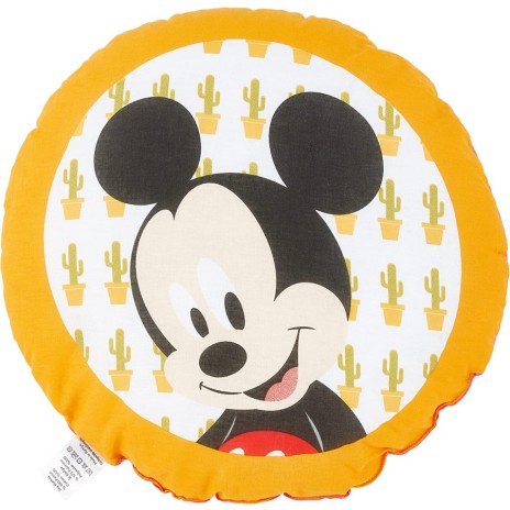 Pernuță decorativă rotundă Disney pentru copii cu Minnie Mouse, în culori roz, negru și alb, diametru 40 cm, cu desene animate detaliate și fundal cu buline.