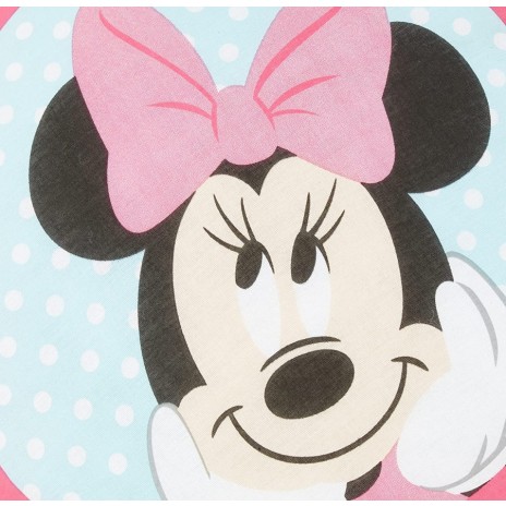 Pernuță decorativă rotundă Disney pentru copii cu Minnie Mouse, în culori roz, negru și alb, diametru 40 cm, cu desene animate detaliate și fundal cu buline.