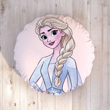 Pernuță decorativă rotundă Disney pentru copii cu Elsa din filmul Frozen, în culori albastru deschis, alb și roz, diametru 40 cm, cu desene animate detaliate.