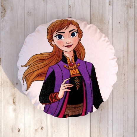 Pernuță decorativă rotundă Disney pentru copii cu Elsa din filmul Frozen, în culori albastru deschis, alb și roz, diametru 40 cm, cu desene animate detaliate.