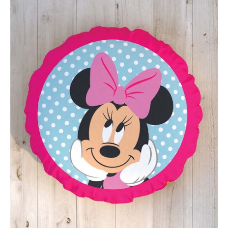 Pernuță decorativă rotundă Disney pentru copii cu Minnie Mouse, în culori roz, negru și alb, diametru 40 cm, cu desene animate detaliate și fundal cu buline.