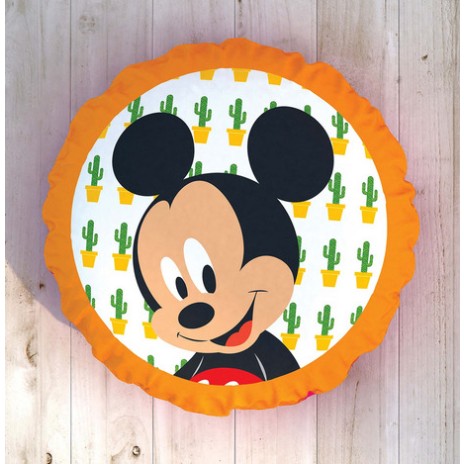 Pernuță decorativă rotundă Disney pentru copii cu Minnie Mouse, în culori roz, negru și alb, diametru 40 cm, cu desene animate detaliate și fundal cu buline.
