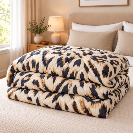 Pilota de iarna din finet 200x220 cm, model Animal print cu pete negre si maro-ocru pe fond crem, Ralex Pucioasa