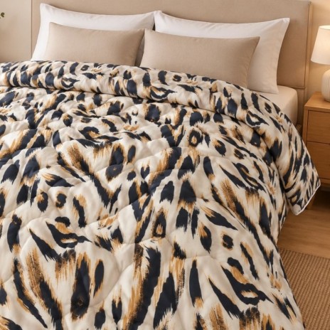 Pilota de iarna din finet 200x220 cm, model Animal print cu pete negre si maro-ocru pe fond crem, Ralex Pucioasa