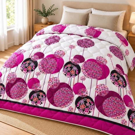 Pilota de iarna din finet 200x220 cm, cu cercuri mov si fucsia, motive florale si detalii negre pe fond alb, Ralex Pucioasa