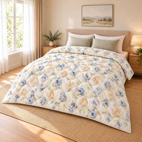 Pilota de iarna din finet 200x220 cm, cu flori bleu si bej si frunze verde pal pe fond crem deschis, Ralex Pucioasa