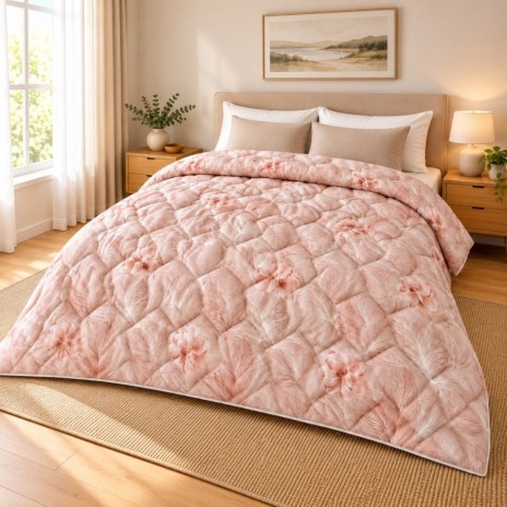 Pilota de iarna din finet 200x220 cm, model Floral roz, cu flori si motive fine pe fond roz pudrat, Ralex Pucioasa
