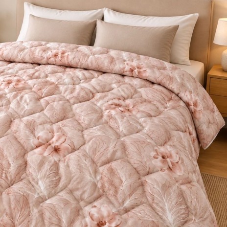 Pilota de iarna din finet 200x220 cm, model Floral roz, cu flori si motive fine pe fond roz pudrat, Ralex Pucioasa