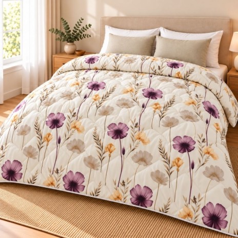 Pilota de iarna din finet 200x220 cm, cu flori mov, bej si galbene pe fond crem, model Flori de camp, Ralex Pucioasa