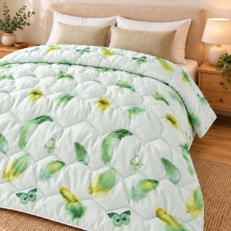 Pilota de iarna din finet 200x220 cm, cu pene verzi si galbene si fluturi pe fond verde pal, Ralex Pucioasa