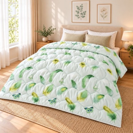 Pilota de iarna din finet 200x220 cm, cu pene verzi si galbene si fluturi pe fond verde pal, Ralex Pucioasa