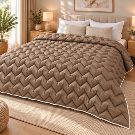 Pilota pufoasa matlasata maro cappuccino 200x220 cm Ralex Pucioasa, cu model in zigzag si paspoal alb, asezata pe pat matrimonial