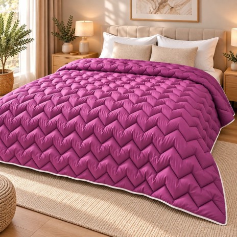 Pilota pufoasa matlasata mov 200x220 cm Ralex Pucioasa, cu model in zigzag si paspoal alb, asezata pe pat matrimonial