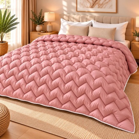 Pilota pufoasa matlasata roz pudra 200x220 cm Ralex Pucioasa, cu model in zigzag si paspoal alb, asezata pe pat matrimonial