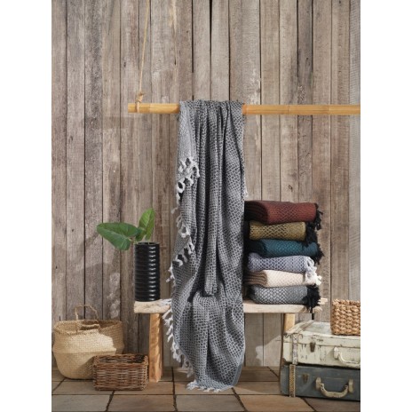 Pled cu ciucuri 200 x 230cm, Cotton Box, Damla negru, gri