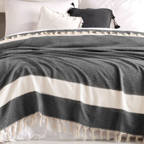 Pled bumbac Seritli Negru/Crem 200x230 cm cu ciucuri și dungi late