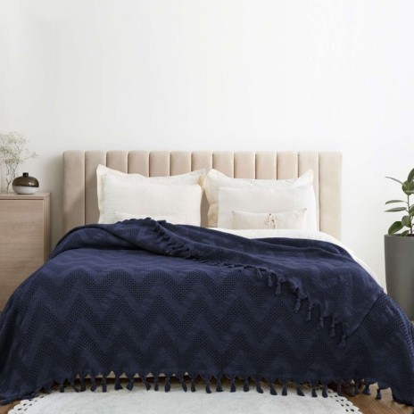 Pled bumbac reciclat Naomi Albastru 200x230 cm cu ciucuri și model zig-zag