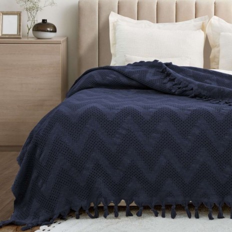Pled bumbac reciclat Naomi Albastru 200x230 cm cu ciucuri și model zig-zag