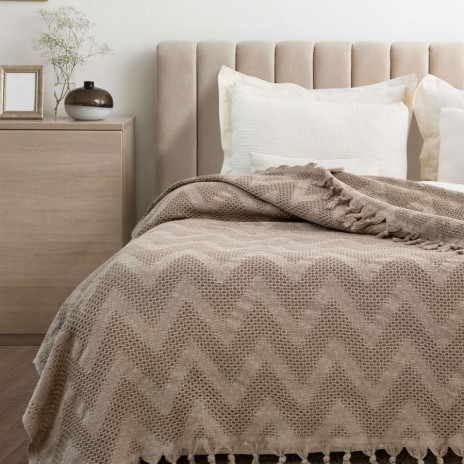 Pled bumbac reciclat Naomi Bej 200x230 cm cu ciucuri și model zig-zag