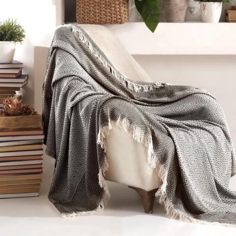 Pled negru cu model etnic și ciucuri 170x210cm din bumbac și poliester