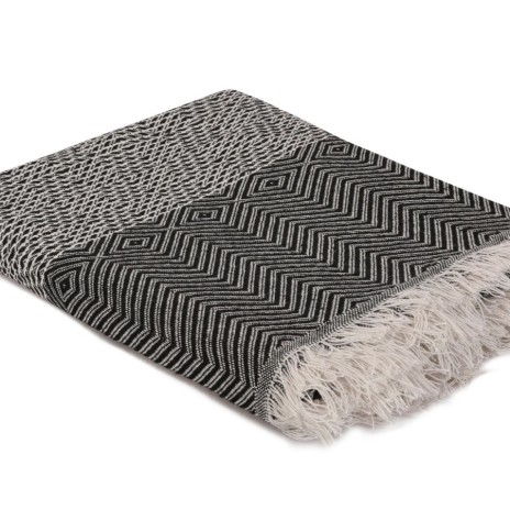 Pled negru cu model etnic și ciucuri 170x210cm din bumbac și poliester