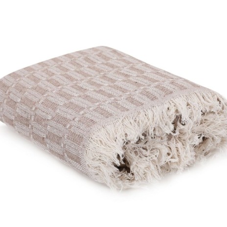 Pled Vizyon Bej 170x210cm cu model grafic și ciucuri din bumbac și poliester