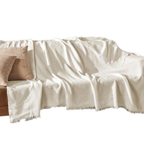Pled Merlin Ecru 170x200cm cu franjuri din bumbac reciclat, densitate 280g/mp